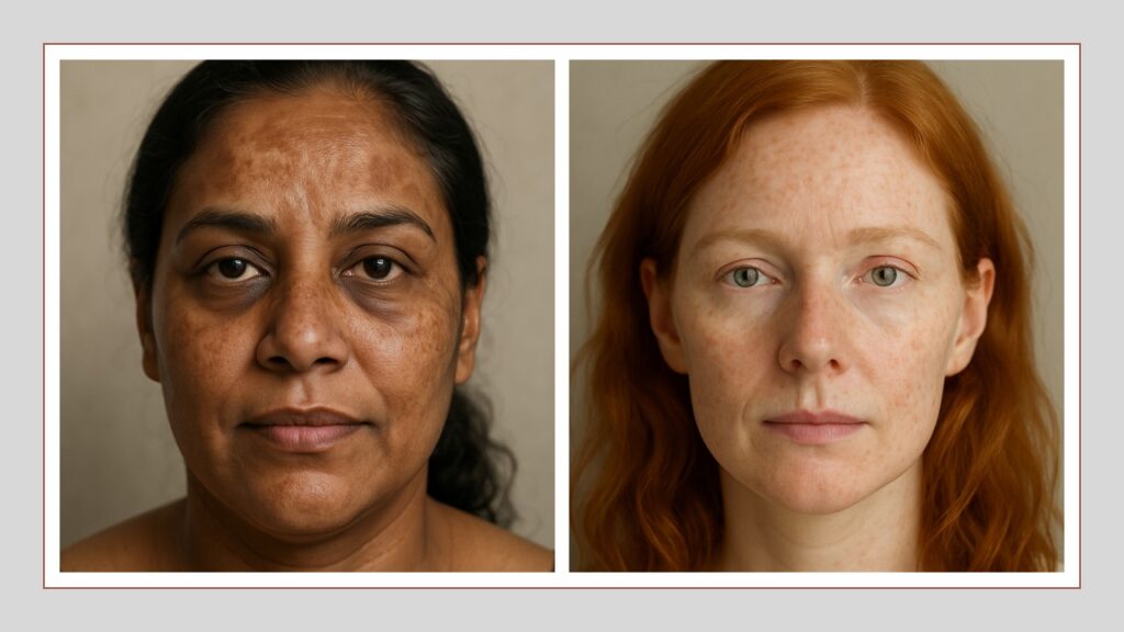 Comparație între hiperpigmentările pielii la două fototipuri diferite – piele deschisă și piele închisă la culoare.