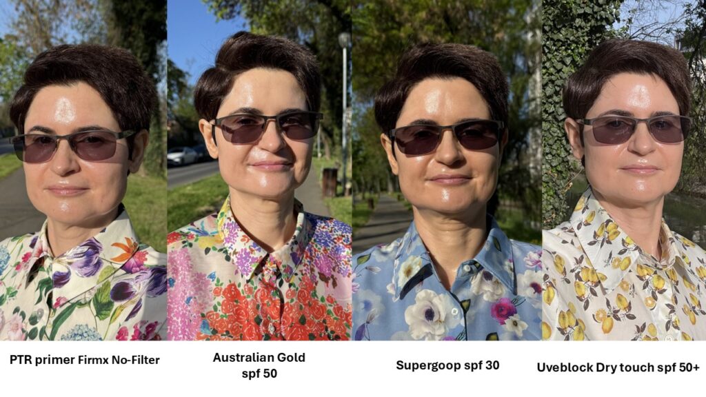 Colaj cu patru fotografii comparative purtând diferite produse cu SPF: PTR primer Firmx No-Filter, Australian Gold SPF50, Supergoop SPF30 și Uveblock Dry Touch SPF50+.
