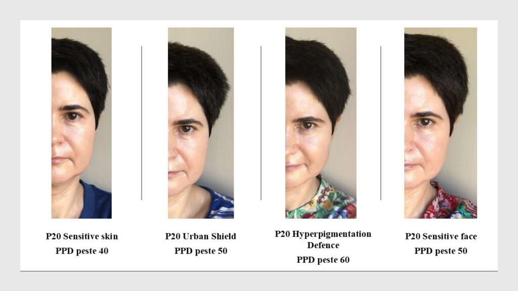 Colaj cu patru fotografii comparative: P20 Sensitive skin PPD peste 40, P20 Urban Shield PPD peste 50, P20 Hyperpigmentation Defence PPD peste 60 și P20 Sensitive face PPD peste 50.
