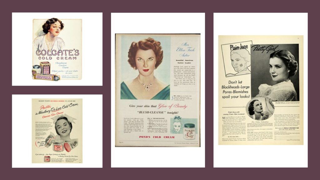 Colaj cu reclame vintage la cold cream – produse emblematice pentru demachierea clasică în Occident