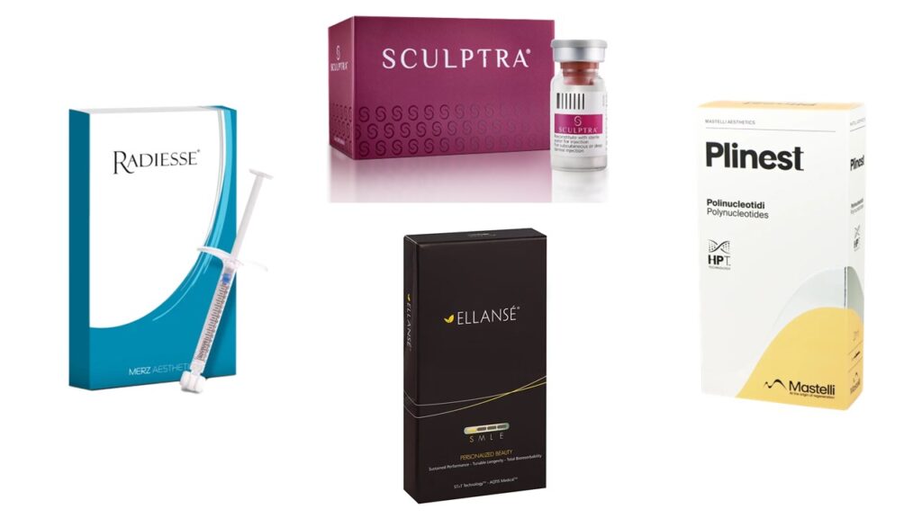Colaj cu biostimulatoare injectabile Radiesse, Sculptra, Ellansé și Plinest – tratamente de regenerare a pielii fără volum suplimentar